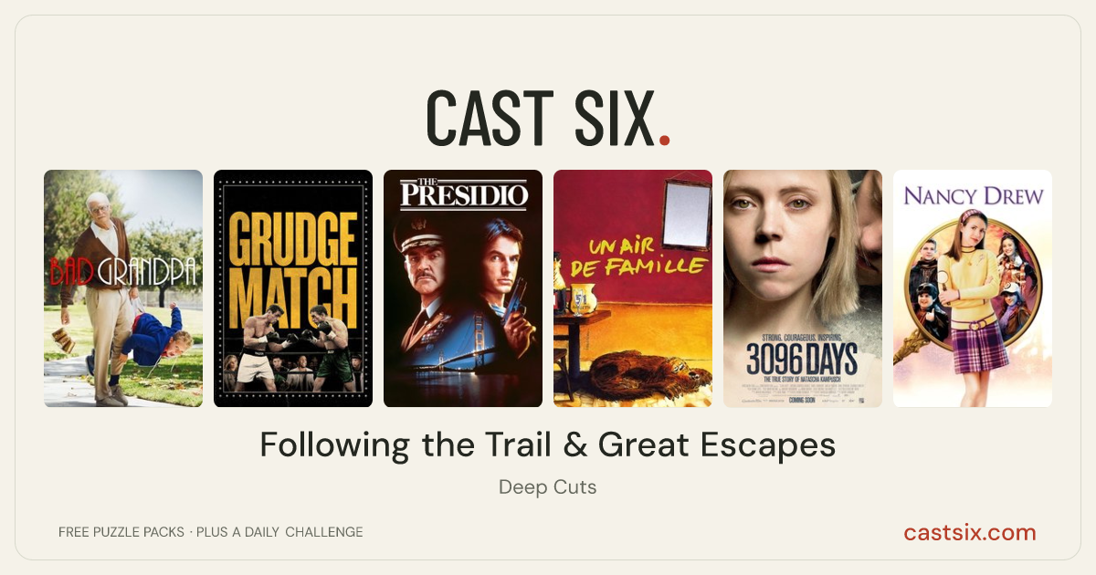 Following the Trail & Great Escapes: a Cast Six movie puzzle. Six movie posters in a row: Jackass Presents: Bad Grandpa, Grudge Match, The Presidio, Family Resemblances, 3096 Days, Nancy Drew. Six movies, six categories, three checks. Free to play at castsix.com.