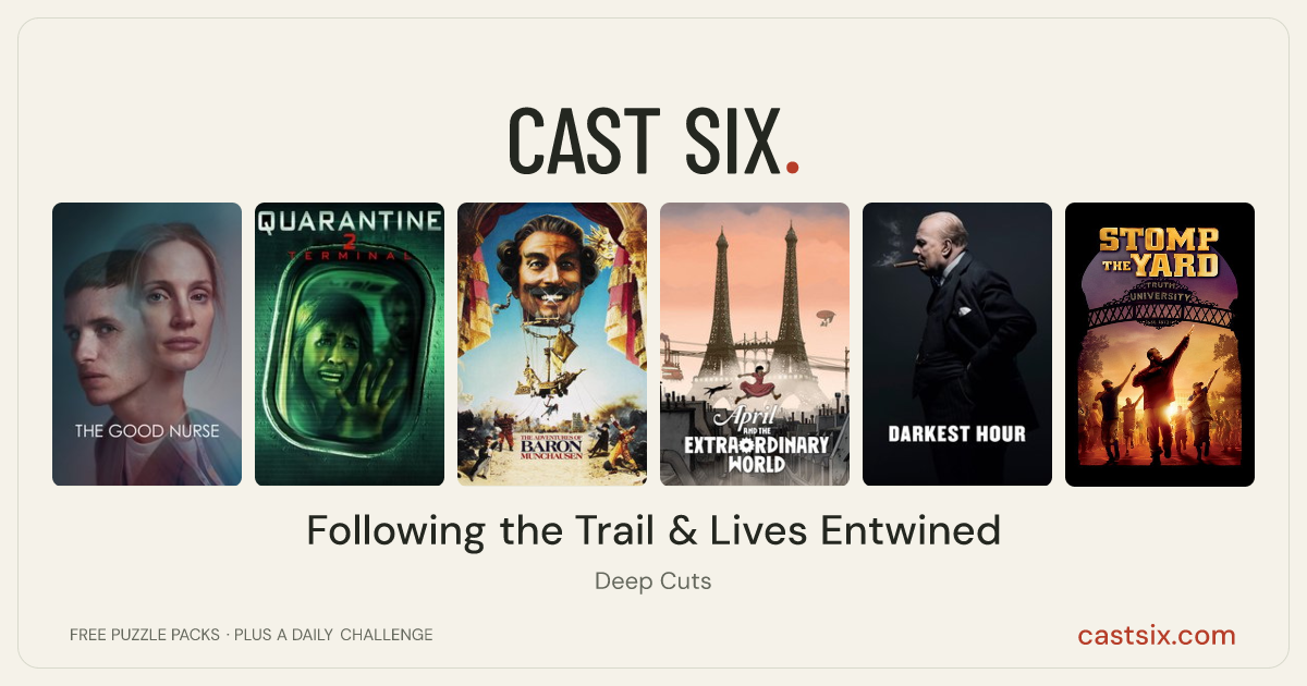 Following the Trail & Lives Entwined: a Cast Six movie puzzle. Six movie posters in a row: The Good Nurse, Quarantine 2: Terminal, The Adventures of Baron Munchausen, April and the Extraordinary World, Darkest Hour, Stomp the Yard. Six movies, six categories, three checks. Free to play at castsix.com.