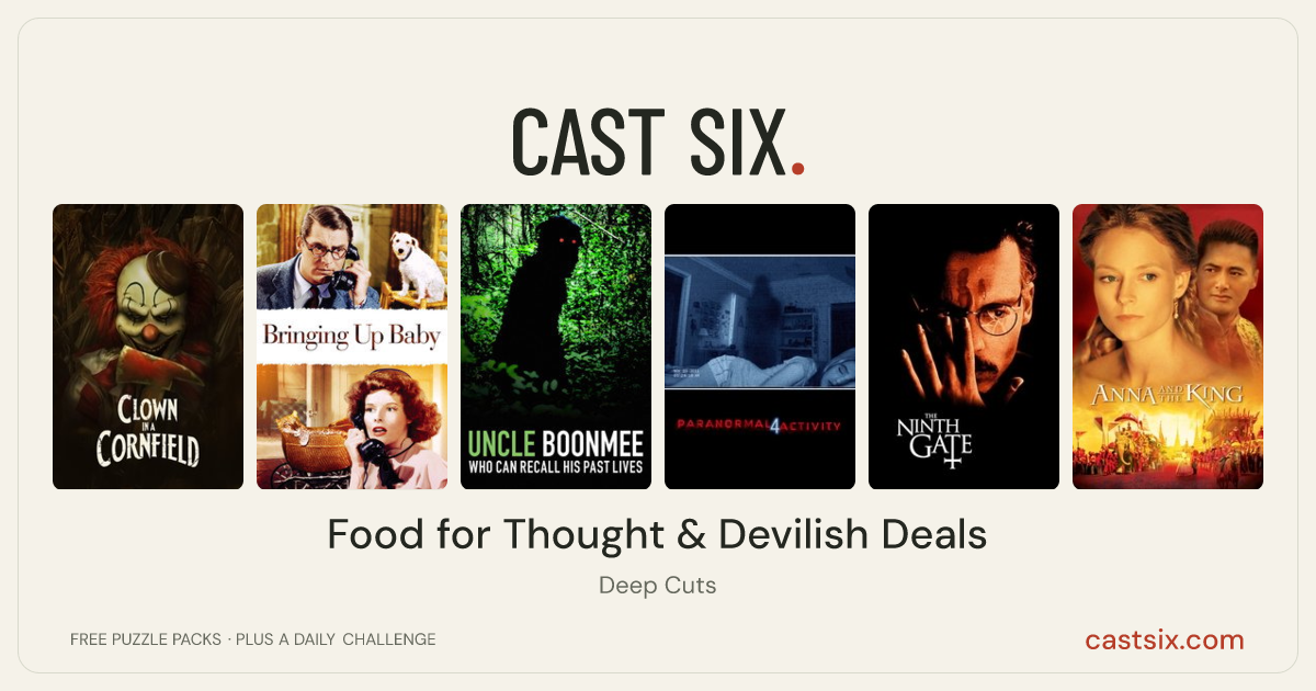 Food for Thought & Devilish Deals: a Cast Six movie puzzle. Six movie posters in a row: Clown in a Cornfield, Bringing Up Baby, Uncle Boonmee Who Can Recall His Past Lives, Paranormal Activity 4, The Ninth Gate, Anna and the King. Six movies, six categories, three checks. Free to play at castsix.com.