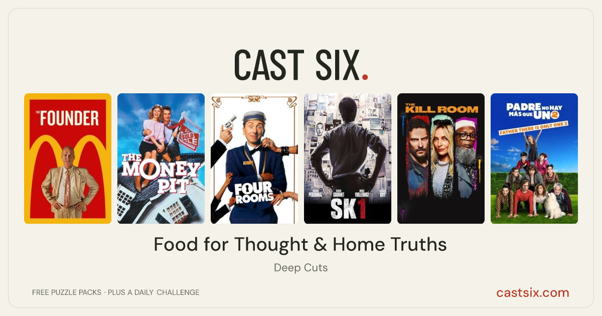 Food for Thought & Home Truths: a Cast Six movie puzzle. Six movie posters in a row: The Founder, The Money Pit, Four Rooms, SK1, The Kill Room, Father There Is Only One 2. Six movies, six categories, three checks. Free to play at castsix.com.