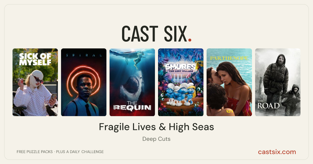 Fragile Lives & High Seas: a Cast Six movie puzzle. Six movie posters in a row: Sick of Myself, Spiral: From the Book of Saw, The Requin, Smurfs: The Lost Village, Parthenope, The Road. Six movies, six categories, three checks. Free to play at castsix.com.