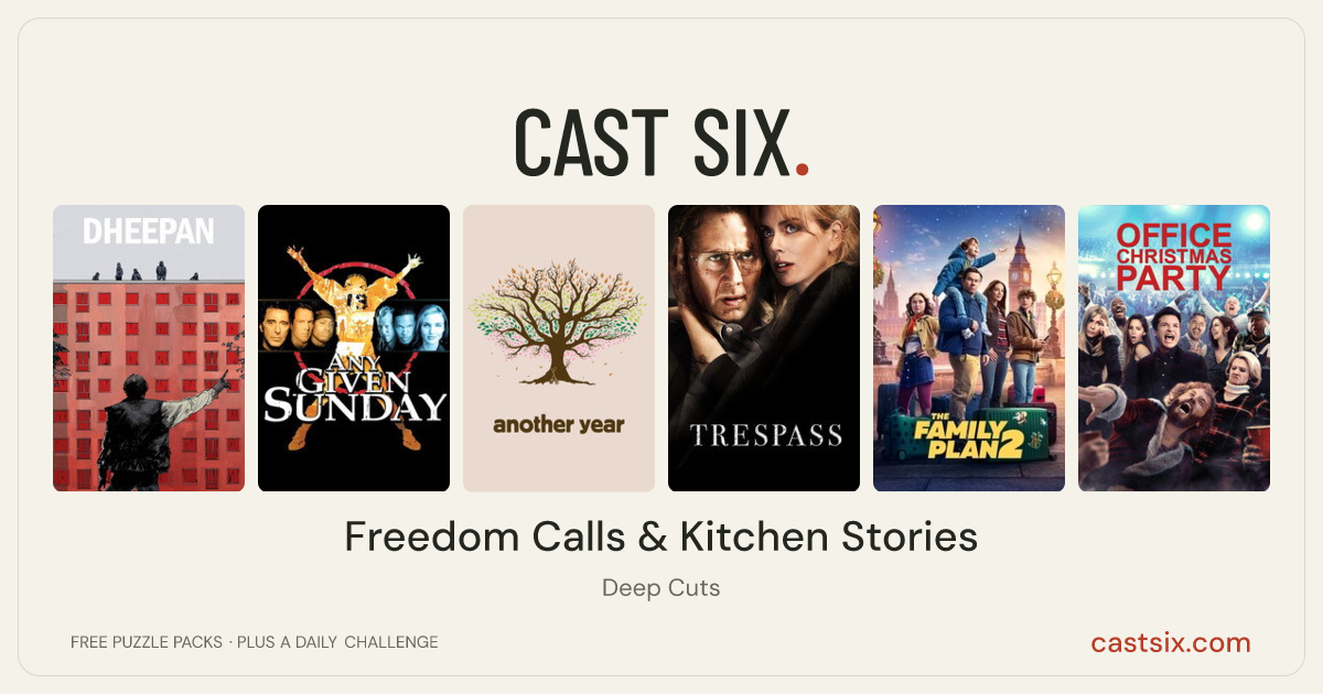 Freedom Calls & Kitchen Stories: a Cast Six movie puzzle. Six movie posters in a row: Dheepan, Any Given Sunday, Another Year, Trespass, The Family Plan 2, Office Christmas Party. Six movies, six categories, three checks. Free to play at castsix.com.