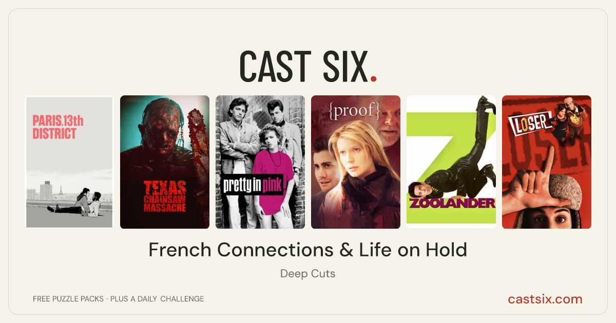 French Connections & Life on Hold: a Cast Six movie puzzle. Six movie posters in a row: Paris, 13th District, Texas Chainsaw Massacre, Pretty in Pink, Proof, Zoolander, Loser. Six movies, six categories, three checks. Free to play at castsix.com.