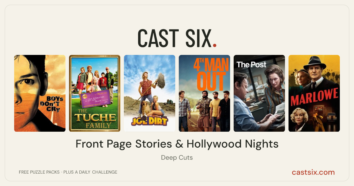 Front Page Stories & Hollywood Nights: a Cast Six movie puzzle. Six movie posters in a row: Boys Don't Cry, The Tuche Family, Joe Dirt, 4th Man Out, The Post, Marlowe. Six movies, six categories, three checks. Free to play at castsix.com.