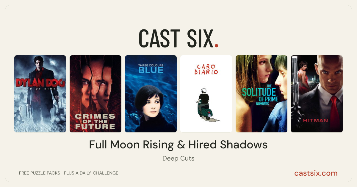 Full Moon Rising & Hired Shadows: a Cast Six movie puzzle. Six movie posters in a row: Dylan Dog: Dead of Night, Crimes of the Future, Three Colors: Blue, Caro diario, The Solitude of Prime Numbers, Hitman. Six movies, six categories, three checks. Free to play at castsix.com.