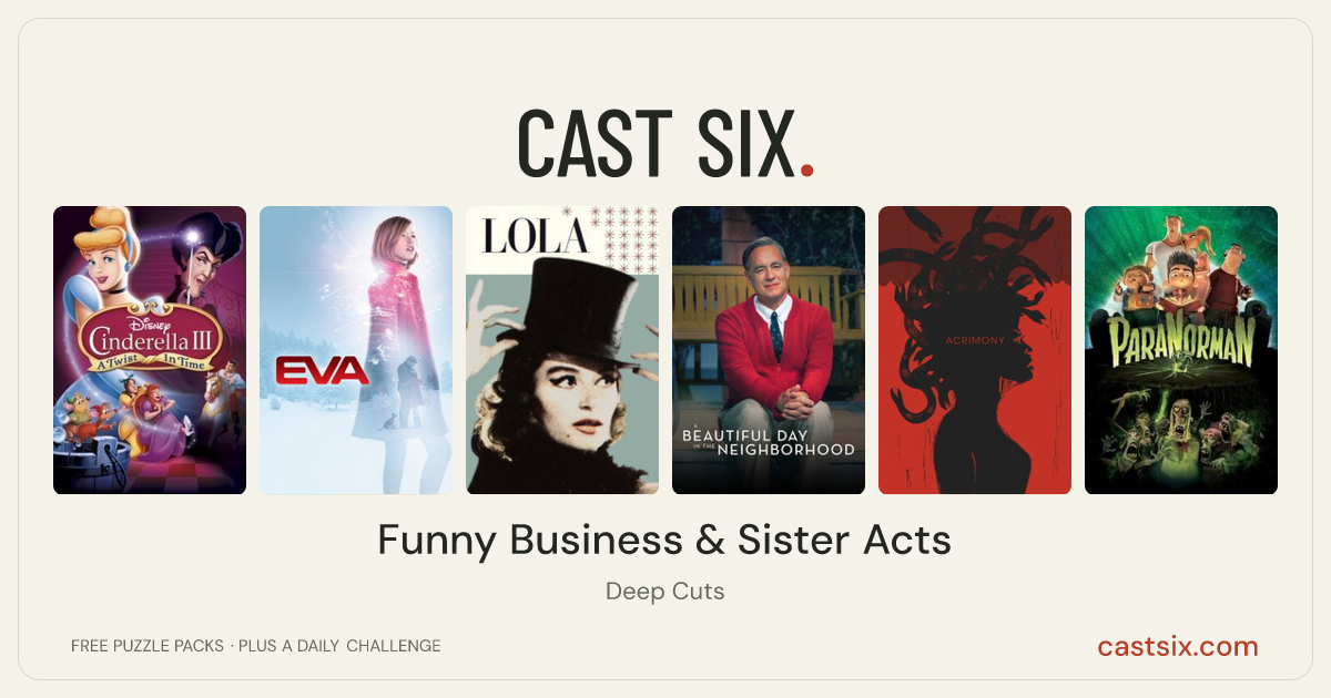 Funny Business & Sister Acts: a Cast Six movie puzzle. Six movie posters in a row: Cinderella III: A Twist in Time, EVA, Lola, A Beautiful Day in the Neighborhood, Acrimony, ParaNorman. Six movies, six categories, three checks. Free to play at castsix.com.