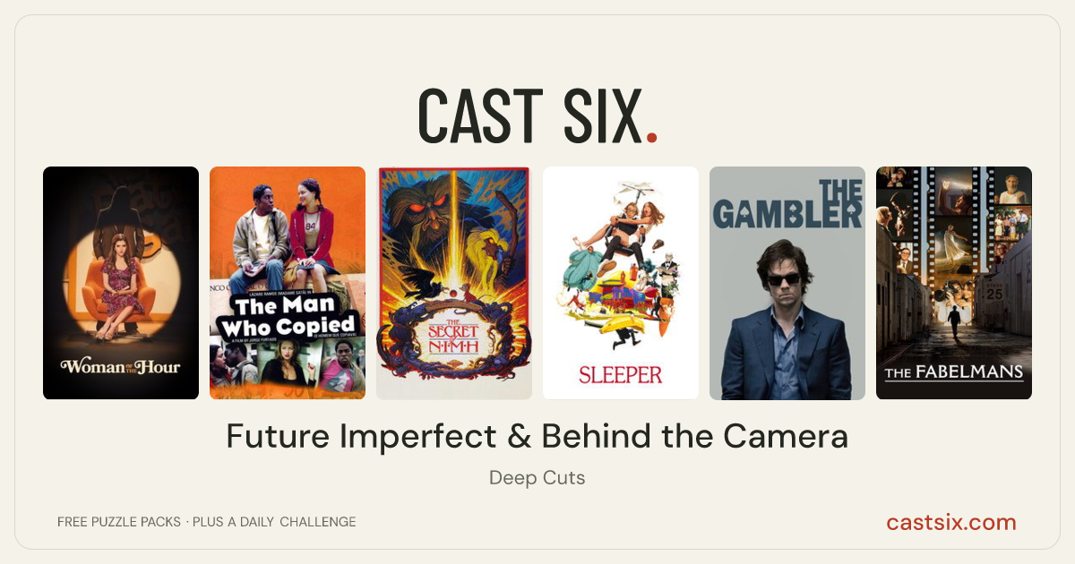 Future Imperfect & Behind the Camera: a Cast Six movie puzzle. Six movie posters in a row: Woman of the Hour, The Man Who Copied, The Secret of NIMH, Sleeper, The Gambler, The Fabelmans. Six movies, six categories, three checks. Free to play at castsix.com.