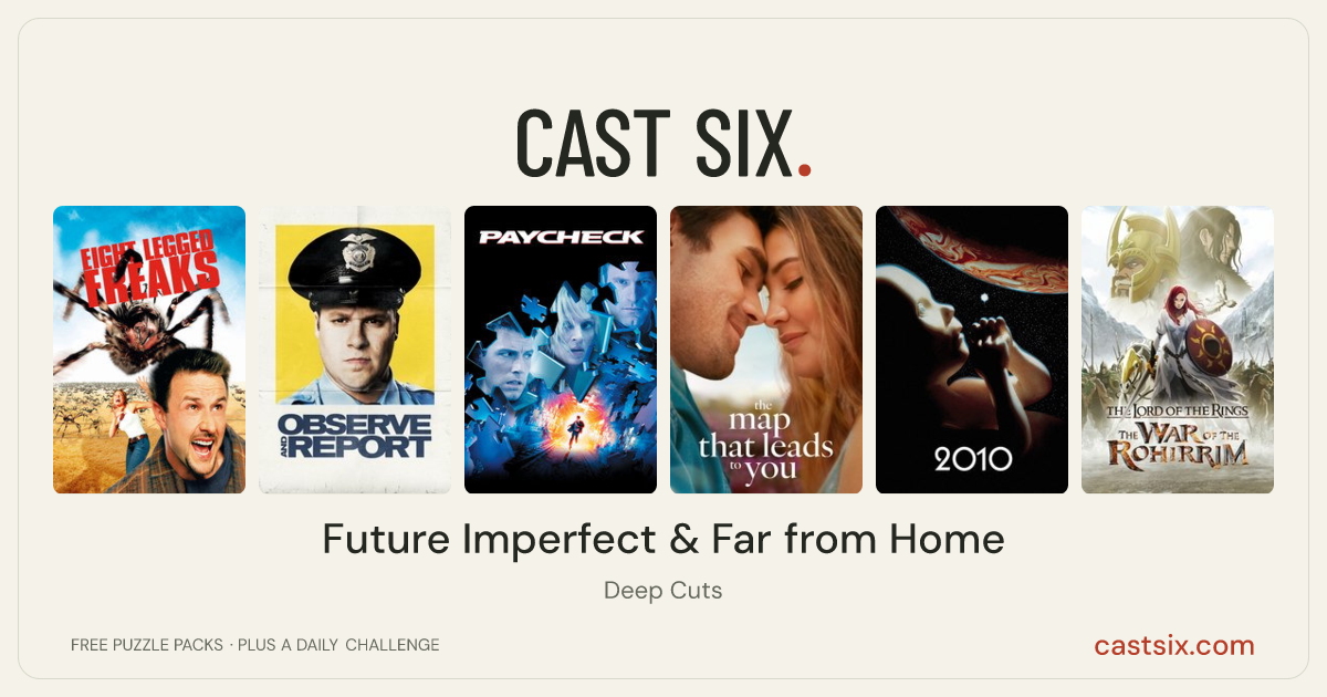 Future Imperfect & Far from Home: a Cast Six movie puzzle. Six movie posters in a row: Eight Legged Freaks, Observe and Report, Paycheck, The Map That Leads to You, 2010, The Lord of the Rings: The War of the Rohirrim. Six movies, six categories, three checks. Free to play at castsix.com.