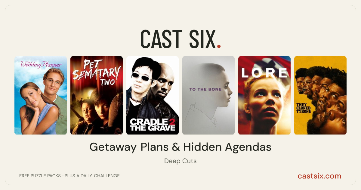 Getaway Plans & Hidden Agendas: a Cast Six movie puzzle. Six movie posters in a row: The Wedding Planner, Pet Sematary II, Cradle 2 the Grave, To the Bone, Lore, They Cloned Tyrone. Six movies, six categories, three checks. Free to play at castsix.com.