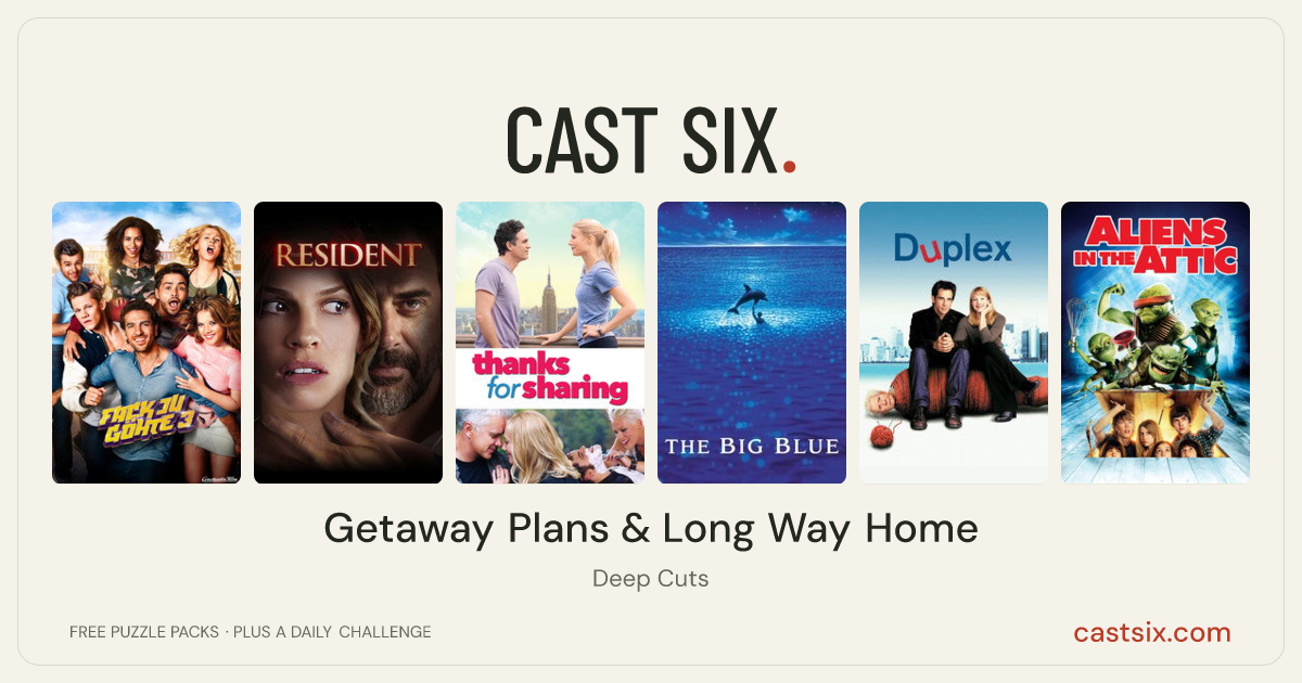 Getaway Plans & Long Way Home: a Cast Six movie puzzle. Six movie posters in a row: Suck Me Shakespeer 3, The Resident, Thanks for Sharing, The Big Blue, Duplex, Aliens in the Attic. Six movies, six categories, three checks. Free to play at castsix.com.