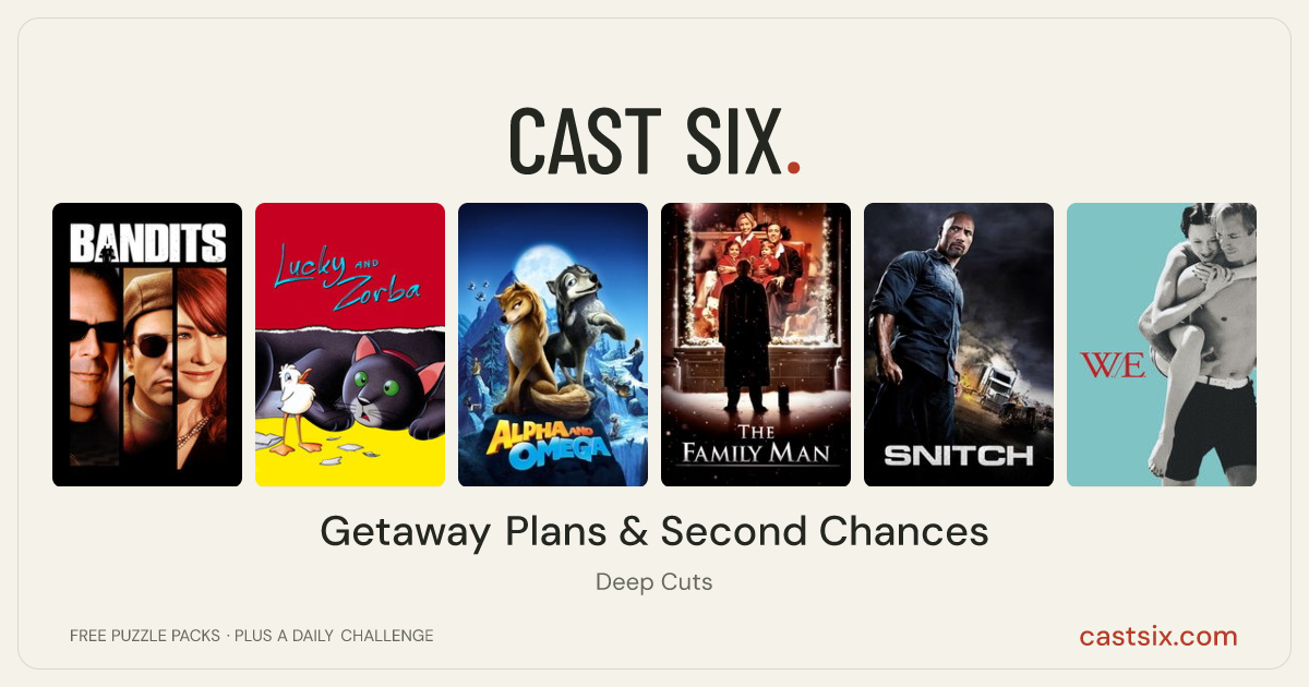 Getaway Plans & Second Chances: a Cast Six movie puzzle. Six movie posters in a row: Bandits, Lucky and Zorba, Alpha and Omega, The Family Man, Snitch, W.E.. Six movies, six categories, three checks. Free to play at castsix.com.