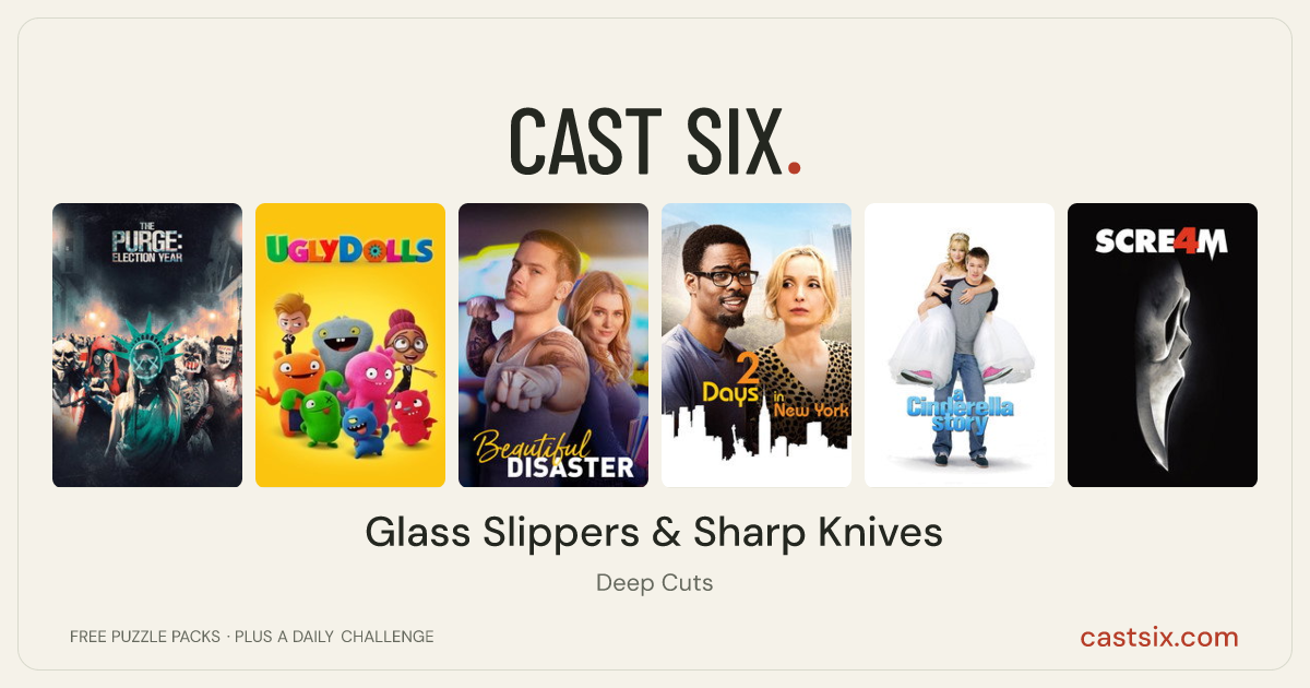 Glass Slippers & Sharp Knives: a Cast Six movie puzzle. Six movie posters in a row: The Purge: Election Year, UglyDolls, Beautiful Disaster, 2 Days in New York, A Cinderella Story, Scream 4. Six movies, six categories, three checks. Free to play at castsix.com.