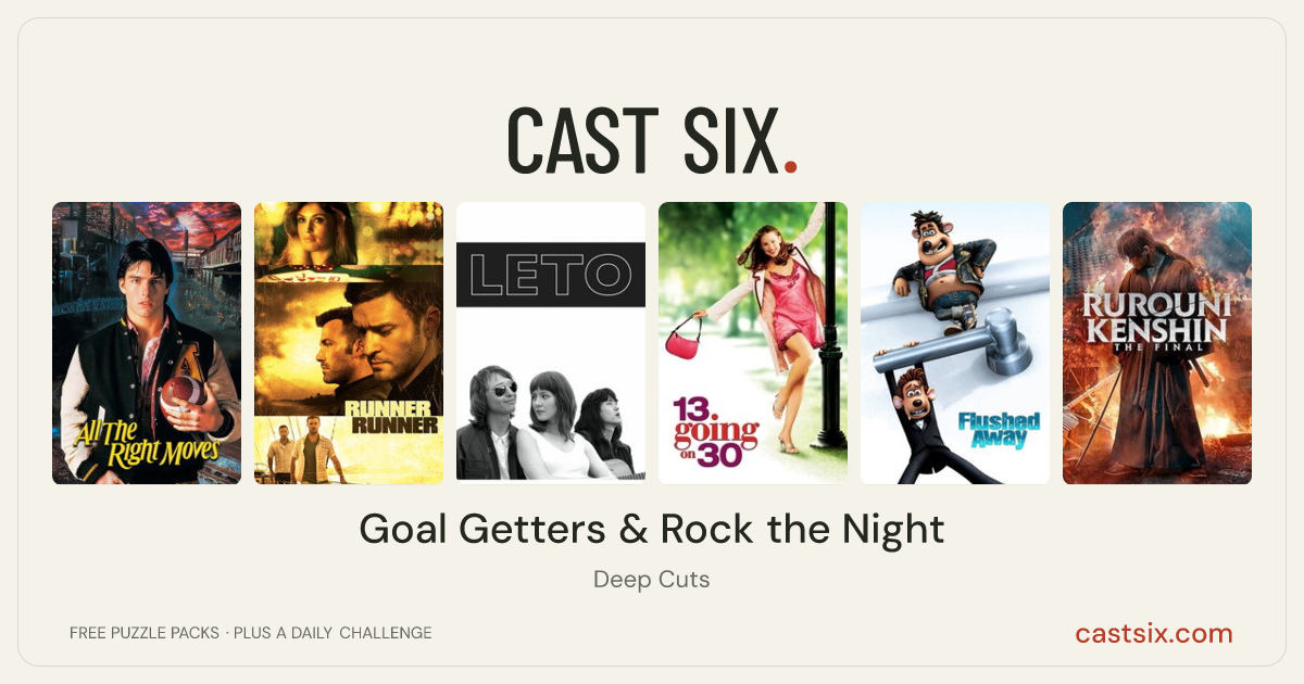 Goal Getters & Rock the Night: a Cast Six movie puzzle. Six movie posters in a row: All the Right Moves, Runner Runner, Leto, 13 Going on 30, Flushed Away, Rurouni Kenshin: The Final. Six movies, six categories, three checks. Free to play at castsix.com.