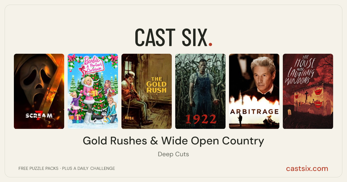 Gold Rushes & Wide Open Country: a Cast Six movie puzzle. Six movie posters in a row: Scream 7, Barbie: A Perfect Christmas, The Gold Rush, 1922, Arbitrage, The House with Laughing Windows. Six movies, six categories, three checks. Free to play at castsix.com.