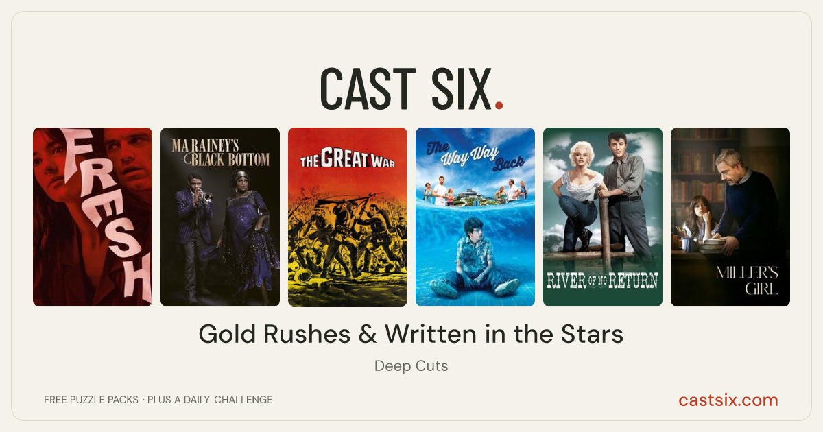 Gold Rushes & Written in the Stars: a Cast Six movie puzzle. Six movie posters in a row: Fresh, Ma Rainey's Black Bottom, The Great War, The Way Way Back, River of No Return, Miller's Girl. Six movies, six categories, three checks. Free to play at castsix.com.