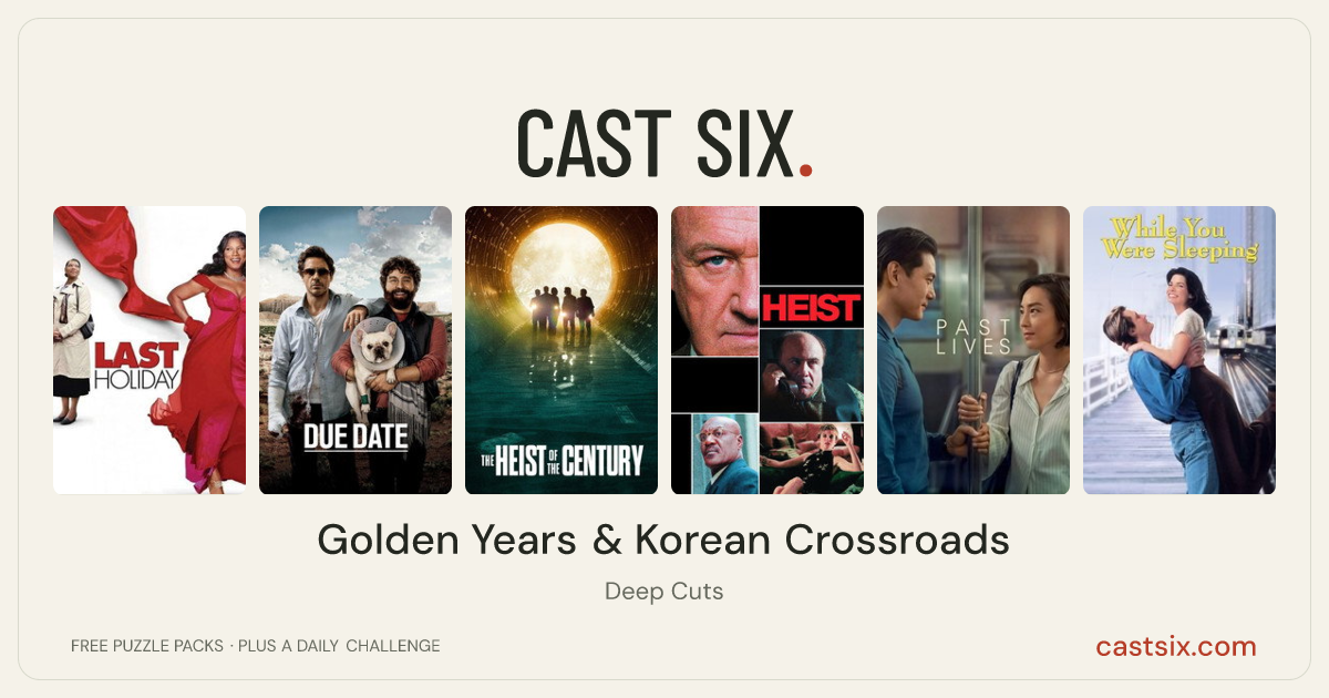 Golden Years & Korean Crossroads: a Cast Six movie puzzle. Six movie posters in a row: Last Holiday, Due Date, The Heist of the Century, Heist, Past Lives, While You Were Sleeping. Six movies, six categories, three checks. Free to play at castsix.com.