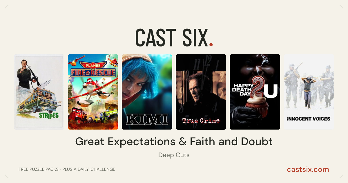 Great Expectations & Faith and Doubt: a Cast Six movie puzzle. Six movie posters in a row: Stripes, Planes: Fire & Rescue, Kimi, True Crime, Happy Death Day 2U, Innocent Voices. Six movies, six categories, three checks. Free to play at castsix.com.