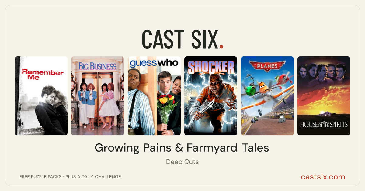 Growing Pains & Farmyard Tales: a Cast Six movie puzzle. Six movie posters in a row: Remember Me, Big Business, Guess Who, Shocker, Planes, The House of the Spirits. Six movies, six categories, three checks. Free to play at castsix.com.