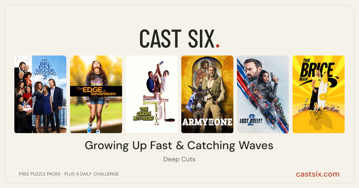 Growing Up Fast & Catching Waves: a Cast Six movie puzzle. Six movie posters in a row: My Big Fat Greek Wedding 2, The Edge of Seventeen, The Green Butchers, Army of One, Lost Bullet 2, The Brice Man. Six movies, six categories, three checks. Free to play at castsix.com.