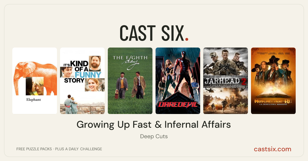 Growing Up Fast & Infernal Affairs: a Cast Six movie puzzle. Six movie posters in a row: Elephant, It's Kind of a Funny Story, The Eighth Day, Daredevil, Jarhead 2: Field of Fire, The King's Musketeers. Six movies, six categories, three checks. Free to play at castsix.com.