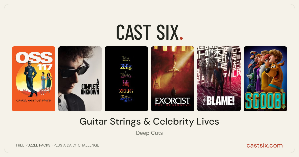 Guitar Strings & Celebrity Lives: a Cast Six movie puzzle. Six movie posters in a row: OSS 117: Cairo, Nest of Spies, A Complete Unknown, Zelig, Exorcist: The Beginning, BLAME!, Scoob!. Six movies, six categories, three checks. Free to play at castsix.com.