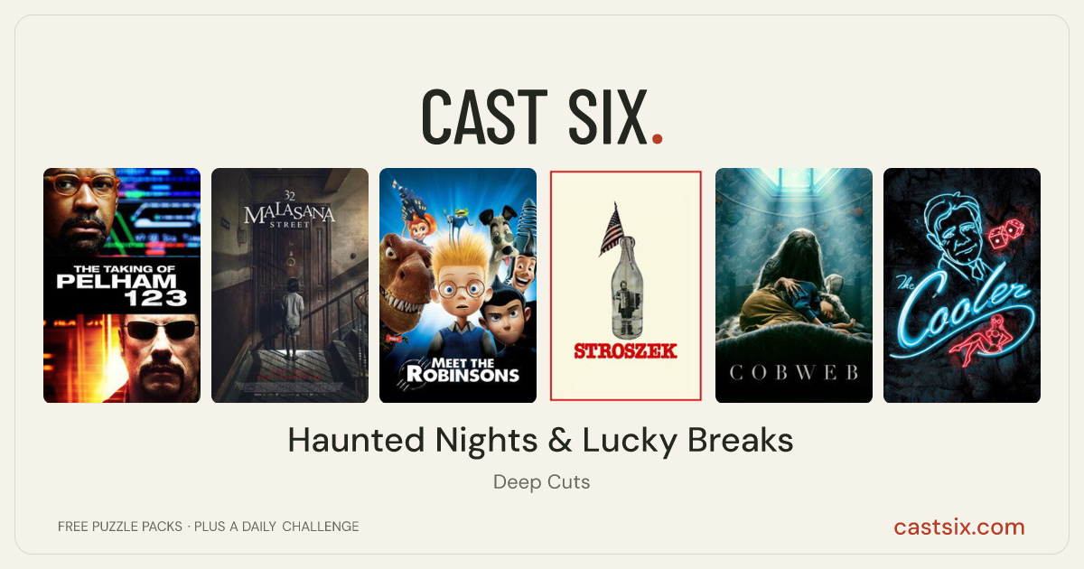 Haunted Nights & Lucky Breaks: a Cast Six movie puzzle. Six movie posters in a row: The Taking of Pelham 1 2 3, 32 Malasana Street, Meet the Robinsons, Stroszek, Cobweb, The Cooler. Six movies, six categories, three checks. Free to play at castsix.com.