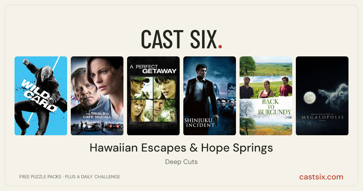 Hawaiian Escapes & Hope Springs: a Cast Six movie puzzle. Six movie posters in a row: Wild Card, The Trials of Cate McCall, A Perfect Getaway, Shinjuku Incident, Back to Burgundy, Megalopolis. Six movies, six categories, three checks. Free to play at castsix.com.