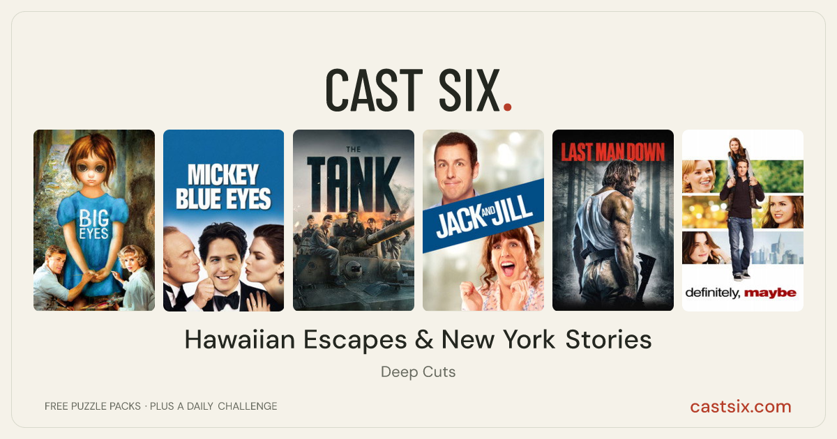 Hawaiian Escapes & New York Stories: a Cast Six movie puzzle. Six movie posters in a row: Big Eyes, Mickey Blue Eyes, The Tank, Jack and Jill, Last Man Down, Definitely, Maybe. Six movies, six categories, three checks. Free to play at castsix.com.