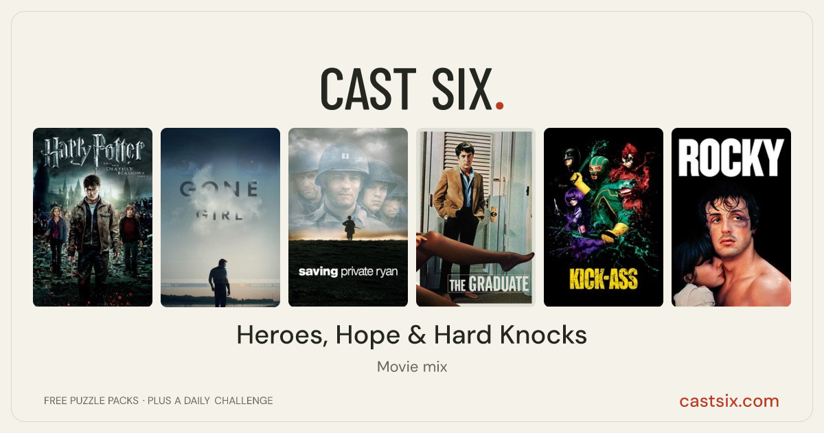 Heroes, Hope & Hard Knocks: a Cast Six movie puzzle. Six movie posters in a row: Harry Potter and the Deathly Hallows: Part 2, Gone Girl, Saving Private Ryan, The Graduate, Kick-Ass, Rocky. Six movies, six categories, three checks. Free to play at castsix.com.