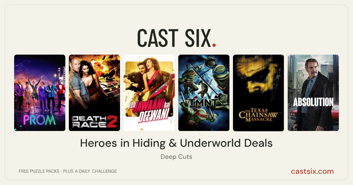 Heroes in Hiding & Underworld Deals: a Cast Six movie puzzle. Six movie posters in a row: The Prom, Death Race 2, Yeh Jawaani Hai Deewani, TMNT, The Texas Chainsaw Massacre, Absolution. Six movies, six categories, three checks. Free to play at castsix.com.