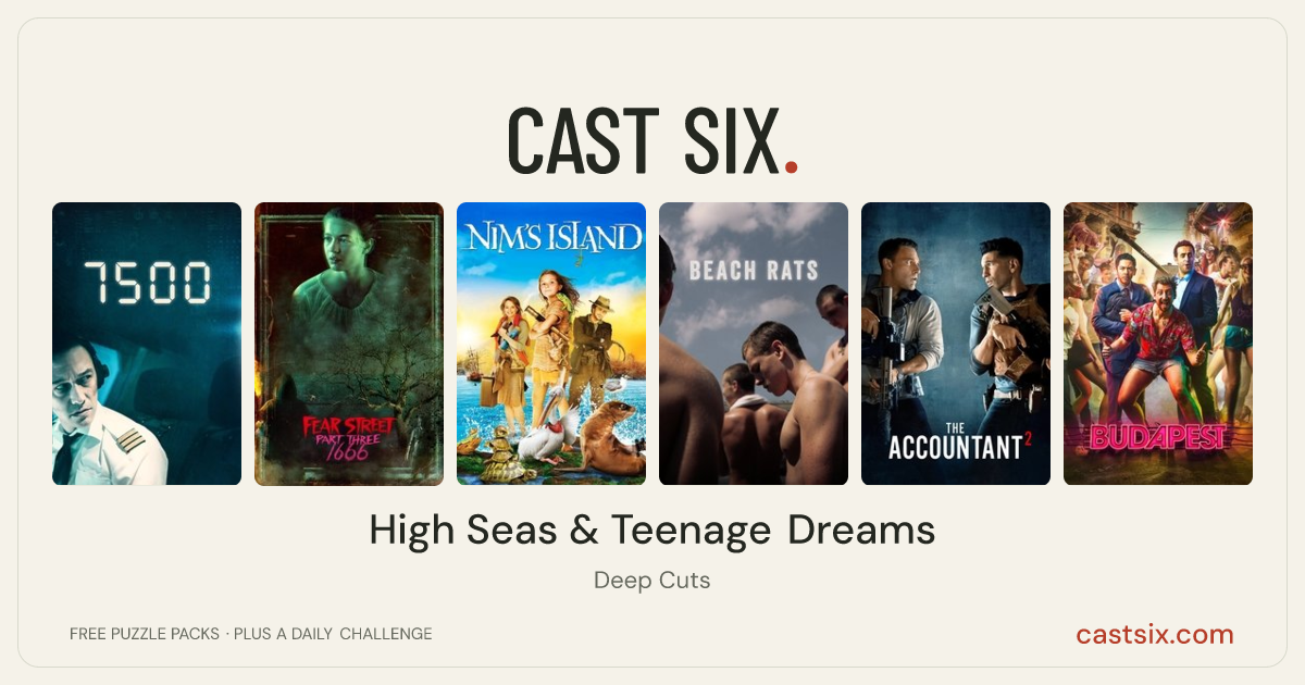 High Seas & Teenage Dreams: a Cast Six movie puzzle. Six movie posters in a row: 7500, Fear Street: 1666, Nim's Island, Beach Rats, The Accountant², Budapest. Six movies, six categories, three checks. Free to play at castsix.com.