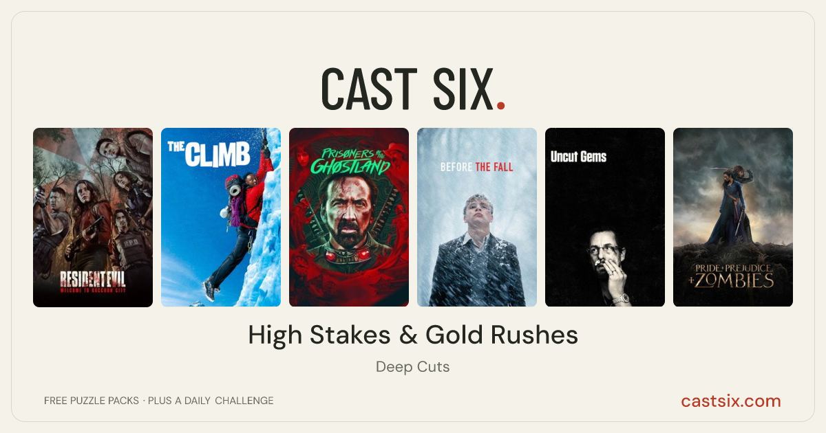 High Stakes & Gold Rushes: a Cast Six movie puzzle. Six movie posters in a row: Resident Evil: Welcome to Raccoon City, The Climb, Prisoners of the Ghostland, Before the Fall, Uncut Gems, Pride and Prejudice and Zombies. Six movies, six categories, three checks. Free to play at castsix.com.
