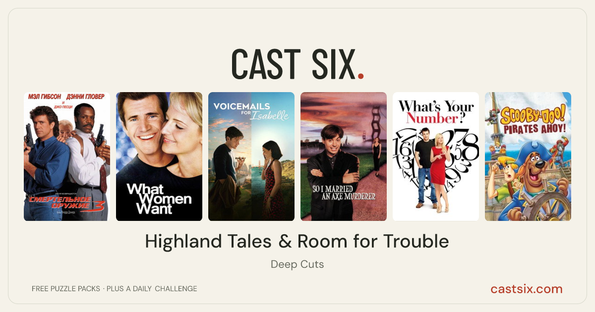 Highland Tales & Room for Trouble: a Cast Six movie puzzle. Six movie posters in a row: Lethal Weapon 3, What Women Want, Voicemails for Isabelle, So I Married an Axe Murderer, What's Your Number?, Scooby-Doo! Pirates Ahoy!. Six movies, six categories, three checks. Free to play at castsix.com.
