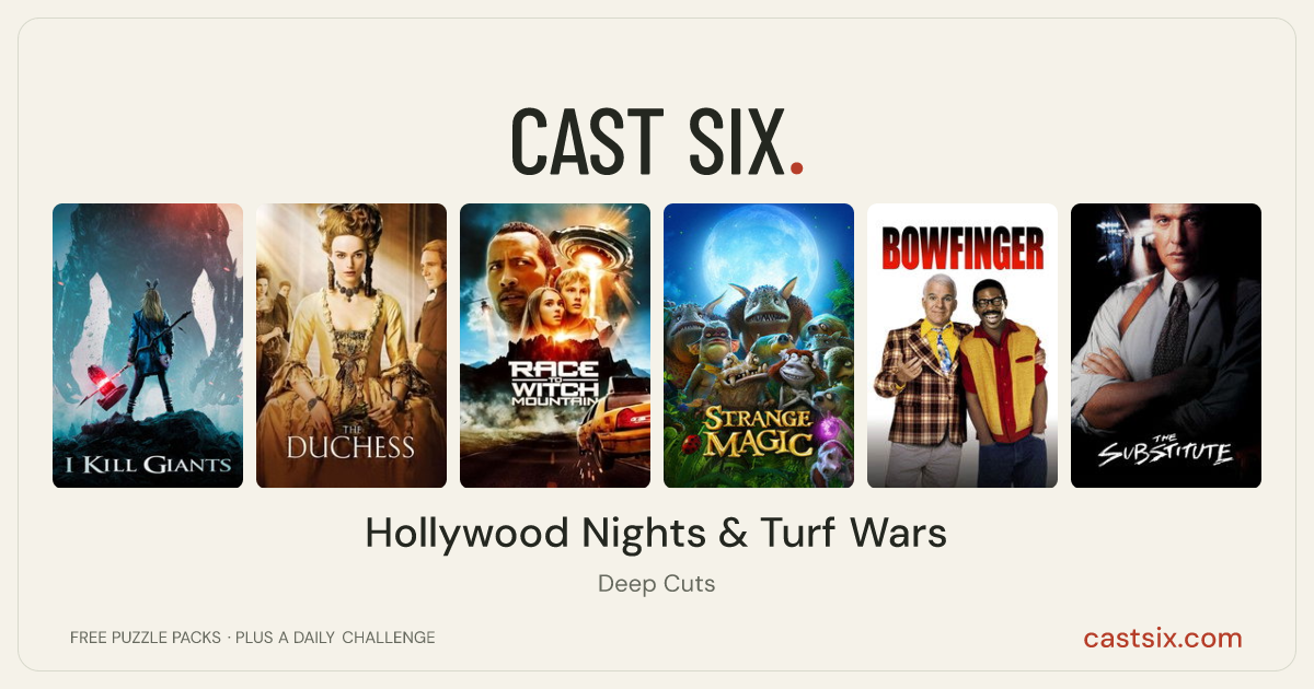 Hollywood Nights & Turf Wars: a Cast Six movie puzzle. Six movie posters in a row: I Kill Giants, The Duchess, Race to Witch Mountain, Strange Magic, Bowfinger, The Substitute. Six movies, six categories, three checks. Free to play at castsix.com.