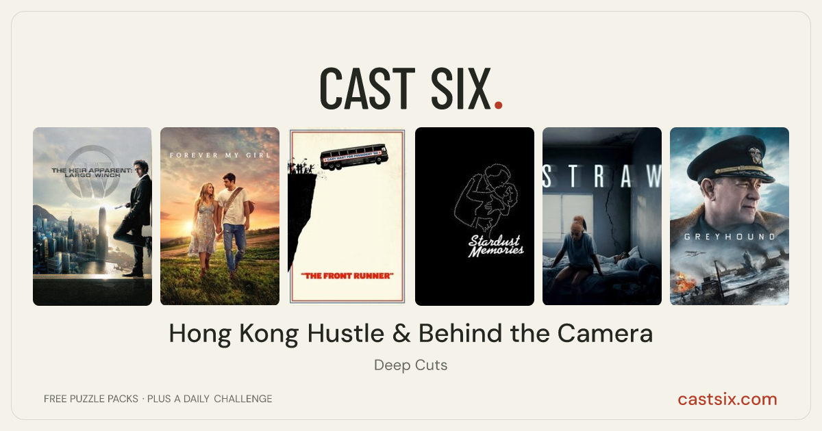 Hong Kong Hustle & Behind the Camera: a Cast Six movie puzzle. Six movie posters in a row: The Heir Apparent: Largo Winch, Forever My Girl, The Front Runner, Stardust Memories, STRAW, Greyhound. Six movies, six categories, three checks. Free to play at castsix.com.