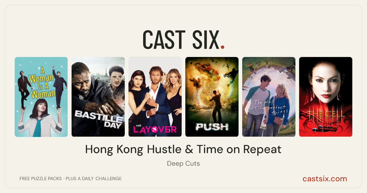 Hong Kong Hustle & Time on Repeat: a Cast Six movie puzzle. Six movie posters in a row: A Woman Is a Woman, Bastille Day, The Layover, Push, The Map of Tiny Perfect Things, The Cell. Six movies, six categories, three checks. Free to play at castsix.com.