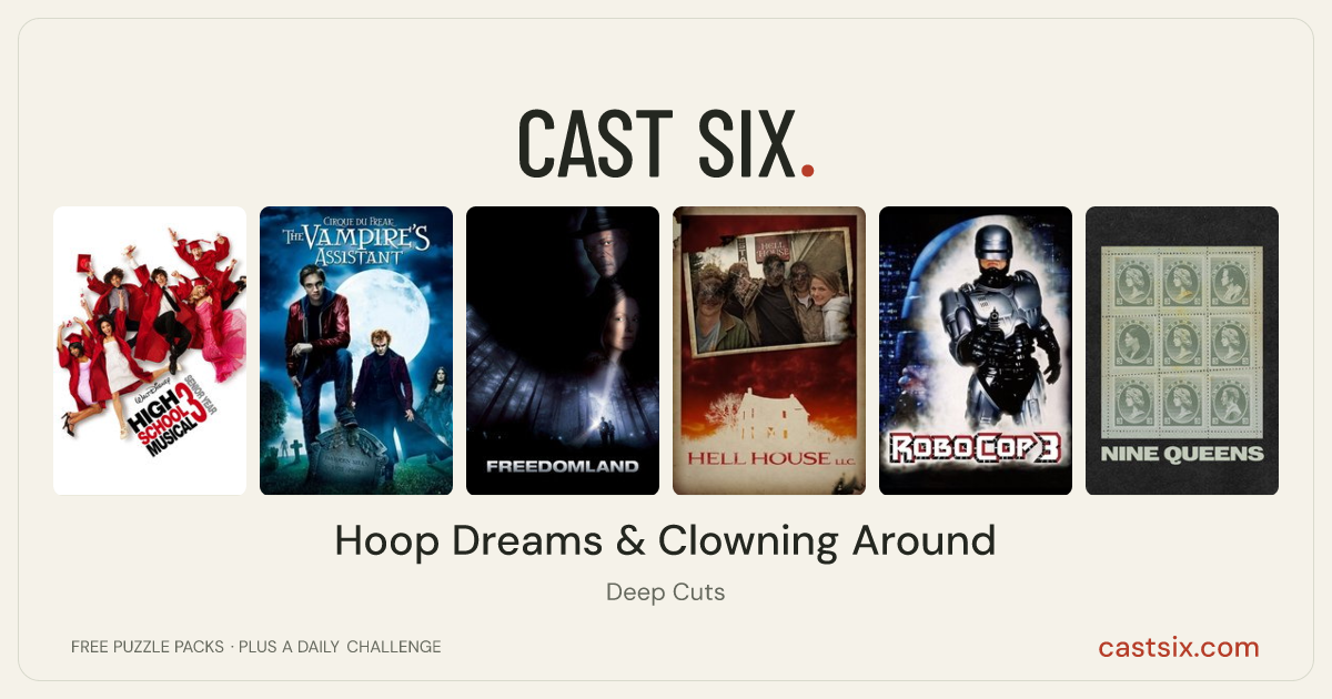 Hoop Dreams & Clowning Around: a Cast Six movie puzzle. Six movie posters in a row: High School Musical 3: Senior Year, Cirque du Freak: The Vampire's Assistant, Freedomland, Hell House LLC, RoboCop 3, Nine Queens. Six movies, six categories, three checks. Free to play at castsix.com.