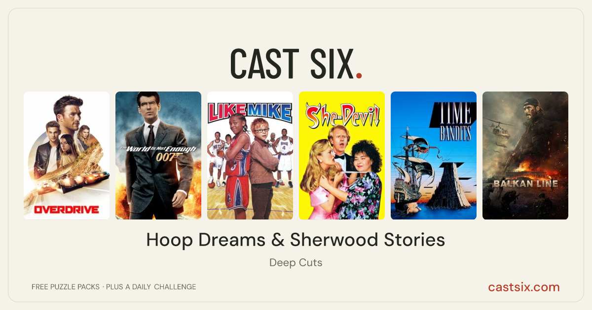 Hoop Dreams & Sherwood Stories: a Cast Six movie puzzle. Six movie posters in a row: Overdrive, The World Is Not Enough, Like Mike, She-Devil, Time Bandits, Balkan Line. Six movies, six categories, three checks. Free to play at castsix.com.
