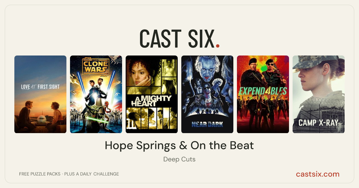 Hope Springs & On the Beat: a Cast Six movie puzzle. Six movie posters in a row: Love at First Sight, Star Wars: The Clone Wars, A Mighty Heart, Near Dark, Expend4bles, Camp X-Ray. Six movies, six categories, three checks. Free to play at castsix.com.