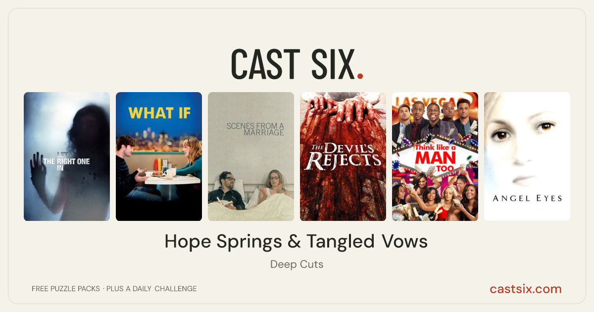 Hope Springs & Tangled Vows: a Cast Six movie puzzle. Six movie posters in a row: Let the Right One In, What If, Scenes from a Marriage, The Devil's Rejects, Think Like a Man Too, Angel Eyes. Six movies, six categories, three checks. Free to play at castsix.com.