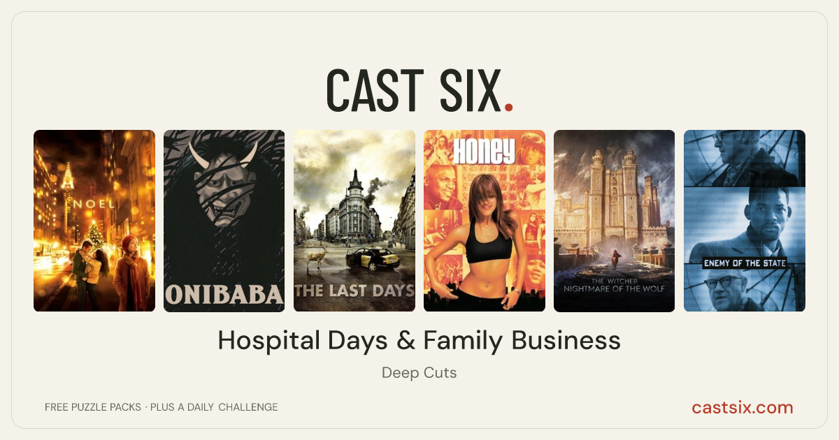 Hospital Days & Family Business: a Cast Six movie puzzle. Six movie posters in a row: Noel, Onibaba, The Last Days, Honey, The Witcher: Nightmare of the Wolf, Enemy of the State. Six movies, six categories, three checks. Free to play at castsix.com.