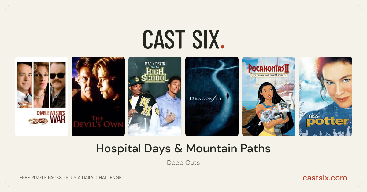 Hospital Days & Mountain Paths: a Cast Six movie puzzle. Six movie posters in a row: Charlie Wilson's War, The Devil's Own, Mac & Devin Go to High School, Dragonfly, Pocahontas II: Journey to a New World, Miss Potter. Six movies, six categories, three checks. Free to play at castsix.com.