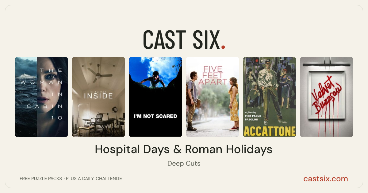 Hospital Days & Roman Holidays: a Cast Six movie puzzle. Six movie posters in a row: The Woman in Cabin 10, Bo Burnham: Inside, I'm Not Scared, Five Feet Apart, Accattone, Velvet Buzzsaw. Six movies, six categories, three checks. Free to play at castsix.com.