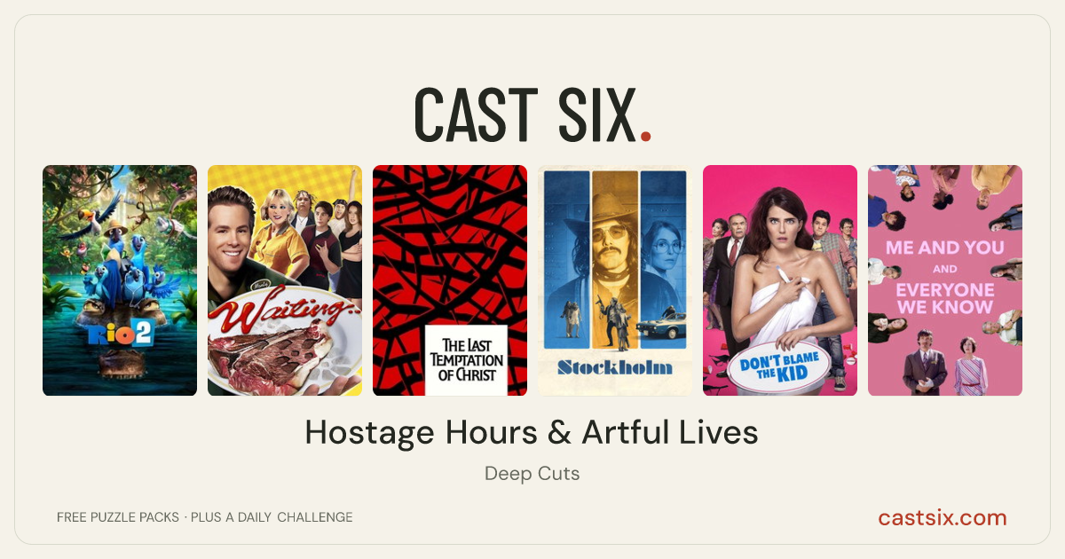 Hostage Hours & Artful Lives: a Cast Six movie puzzle. Six movie posters in a row: Rio 2, Waiting..., The Last Temptation of Christ, Stockholm, Don't Blame the Kid, Me and You and Everyone We Know. Six movies, six categories, three checks. Free to play at castsix.com.