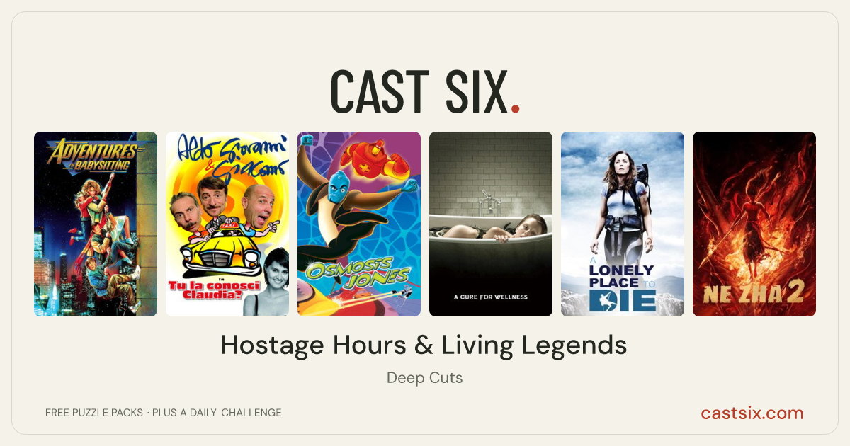 Hostage Hours & Living Legends: a Cast Six movie puzzle. Six movie posters in a row: Adventures in Babysitting, Have You Met Claudia?, Osmosis Jones, A Cure for Wellness, A Lonely Place to Die, Ne Zha 2. Six movies, six categories, three checks. Free to play at castsix.com.