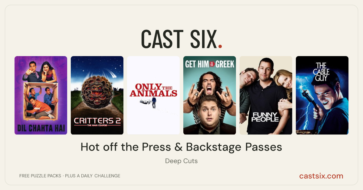 Hot off the Press & Backstage Passes: a Cast Six movie puzzle. Six movie posters in a row: Dil Chahta Hai, Critters 2, Only the Animals, Get Him to the Greek, Funny People, The Cable Guy. Six movies, six categories, three checks. Free to play at castsix.com.