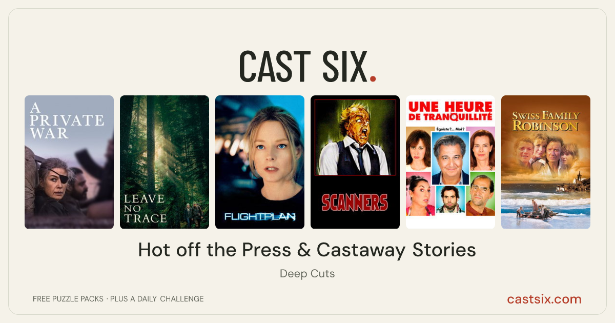 Hot off the Press & Castaway Stories: a Cast Six movie puzzle. Six movie posters in a row: A Private War, Leave No Trace, Flightplan, Scanners, Do Not Disturb, Swiss Family Robinson. Six movies, six categories, three checks. Free to play at castsix.com.