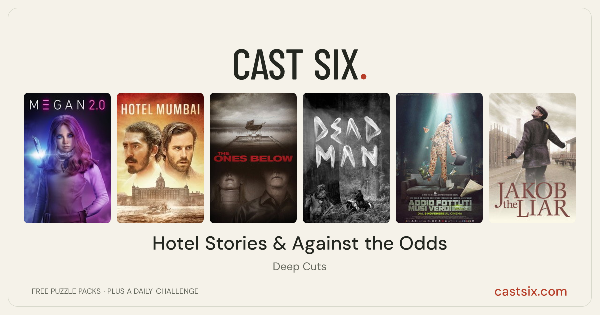 Hotel Stories & Against the Odds: a Cast Six movie puzzle. Six movie posters in a row: M3GAN 2.0, Hotel Mumbai, The Ones Below, Dead Man, Addio fottuti musi verdi, Jakob the Liar. Six movies, six categories, three checks. Free to play at castsix.com.