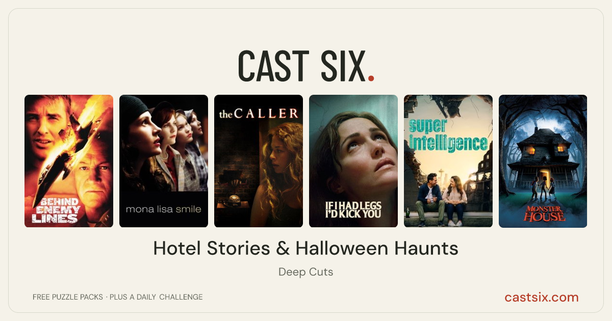 Hotel Stories & Halloween Haunts: a Cast Six movie puzzle. Six movie posters in a row: Behind Enemy Lines, Mona Lisa Smile, The Caller, If I Had Legs I'd Kick You, Superintelligence, Monster House. Six movies, six categories, three checks. Free to play at castsix.com.