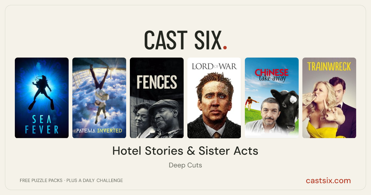 Hotel Stories & Sister Acts: a Cast Six movie puzzle. Six movie posters in a row: Sea Fever, Patema Inverted, Fences, Lord of War, Chinese Take-Away, Trainwreck. Six movies, six categories, three checks. Free to play at castsix.com.
